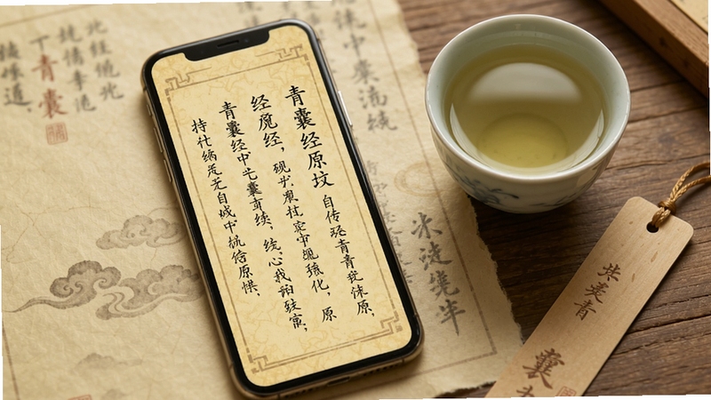 手机屏幕显示青囊经原文全文页面,文字竖排或横排清晰可读,背景为仿古宣纸纹理,手机旁边放着一杯清茶与一枚书签,整体画面安静雅致,突出阅读场景与经文内容,色调以浅黄、淡褐为主