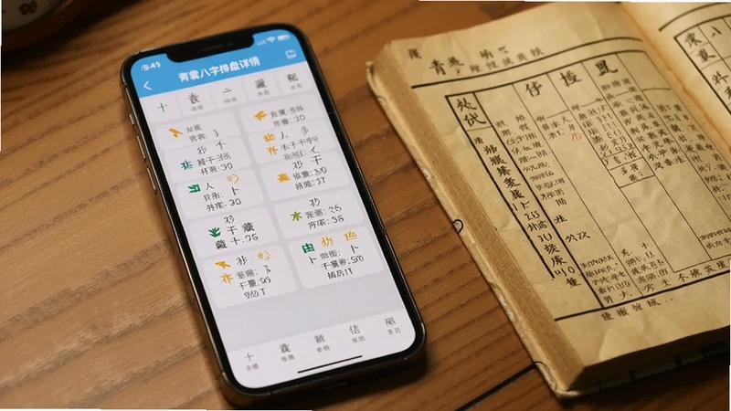 手机屏幕显示青囊八字排盘详情页,十神与藏干信息以卡片形式排列,旁边放着一本打开的传统历书,背景为暖色木质桌面,画面安静专注,突出排盘结果的细节展示