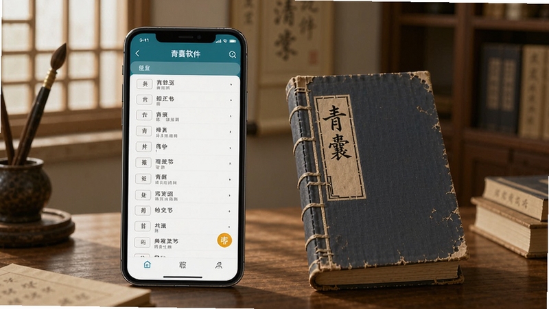 手机屏幕显示青囊软件经文列表界面,旁边放着一本封面古朴的青囊书仿本,背景为书房一角,光线柔和,画面传达典籍查阅与文学阅读的区分感