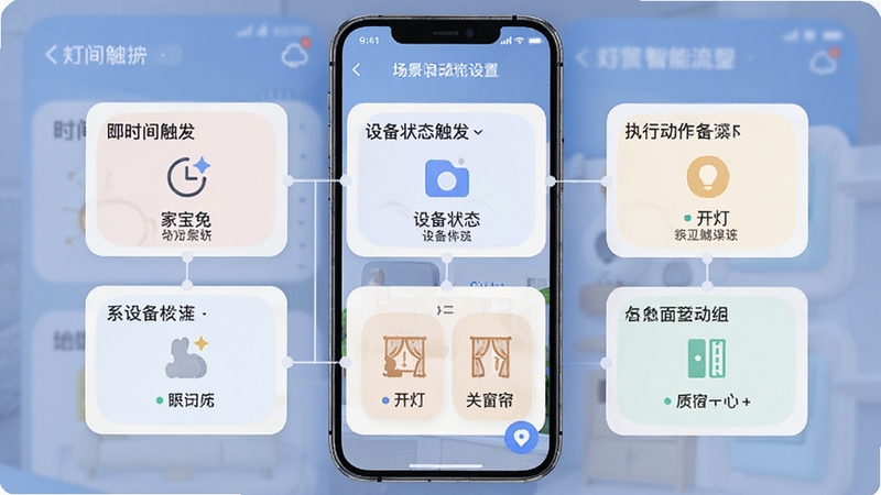 �ұ������ܳ����Զ������ý��棬�ֻ���Ļչʾ�����༭����ͼ������ʱ�䴥�����豸״̬����������ģ�飬�Լ�ִ�ж����翪�ơ��ش�����ͼ�꣬������ÿ�Ƭʽ��ƣ�ɫ����ͣ����������������߼�����