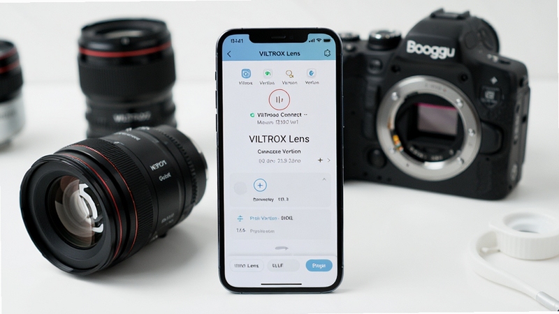 VILTROX Lens 软件主界面概览图,画面中央展示一部智能手机屏幕,屏幕上呈现VILTROX Lens应用的镜头连接状态与固件版本信息界面,背景为简洁的摄影器材桌面,放置一支唯卓仕镜头与相机机身,整体色调明亮清新,科技感与专业摄影氛围兼具,适配Boogu模型生成