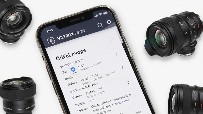 VILTROX Lens 更新日志页面展示图,手机屏幕显示唯卓仕镜头固件版本列表与更新说明文字,画面采用浅色背景,搭配镜头产品渲染图作为点缀,整体布局清晰,信息层级分明,体现软件的专业性与易用性,适配Boogu模型生成