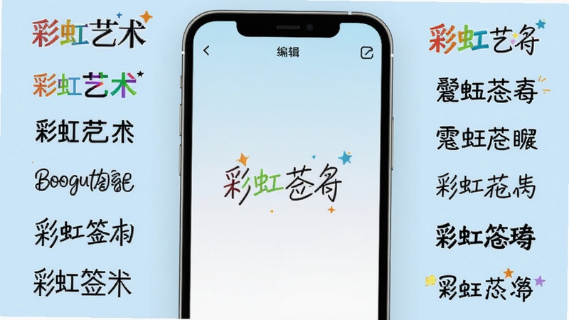 彩虹艺术签名 软件主界面 手机屏幕中央展示签名编辑区 背景为淡蓝色渐变 周围环绕多种字体样式预览 整体风格清新简洁 适配Boogu模型生成