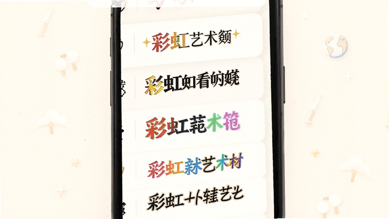 彩虹艺术签名 字体选择界面 手机屏幕显示多种艺术字体列表 每种字体配有示例文字 背景为柔和米白色 界面布局清晰 适配Boogu模型生成