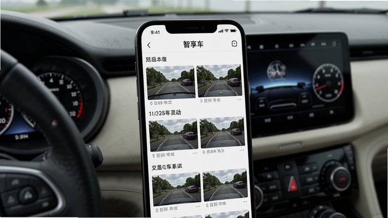 手机屏幕显示智享车生活的本地相册界面,多段行车视频按日期分组排列,背景是汽车仪表盘与中控屏幕,光线柔和,整体风格干净整洁,突出影像资料分类存储功能,画面细节真实