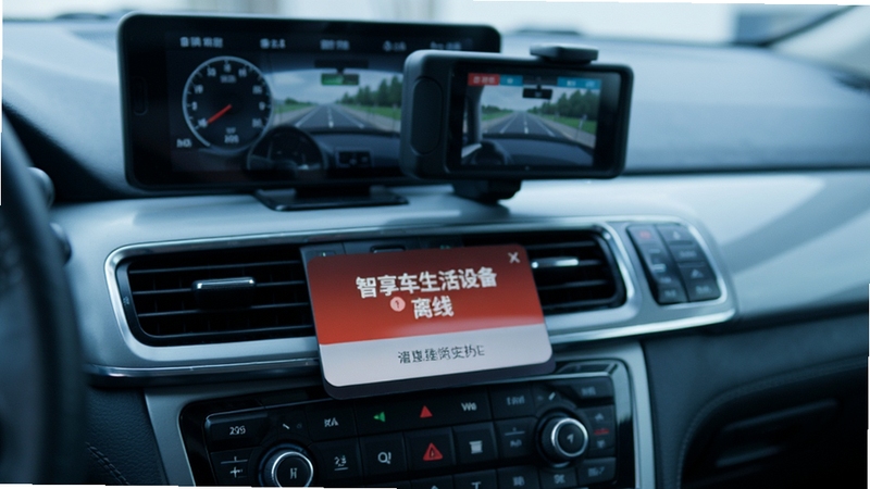手机屏幕显示智享车生活设备离线提示弹窗,背景是汽车中控台与行车记录仪,画面色调偏冷,突出故障提示与解决场景,细节清晰,适合作为问题解答配图