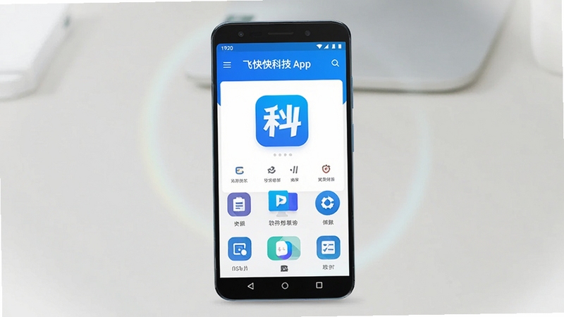 画面中央展示一部安卓手机,手机屏幕中呈现飞快科技App的主界面,界面以蓝白配色为主,包含多个功能图标整齐排列;背景为浅色渐变桌面,四周有柔和光晕,整体风格简洁明快,适合软件下载站展示图,分辨率1080x1920,高清质感