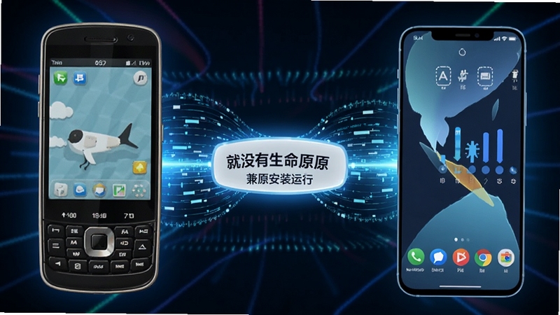 没有机器人,就没有生命原版安装器运行在多种安卓设备上,画面左侧为旧款手机,右侧为新款手机,中间以数据流连接,展示多版本兼容适配特性