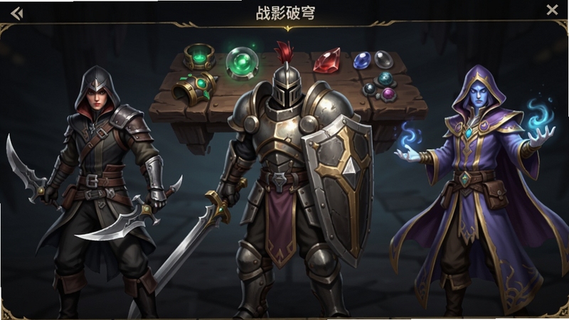 战影破穹 角色养成界面 展示三位不同职业的角色立绘 左侧为手持双刃的刺客 中间为持盾重装的战士 右侧为操控元素的法师 背景是悬浮的工坊操作台 台上摆放着发光的装备和材料 界面UI简洁 以深色为主 点缀金色边框 角色细节精致 服装纹理和武器光泽清晰可见