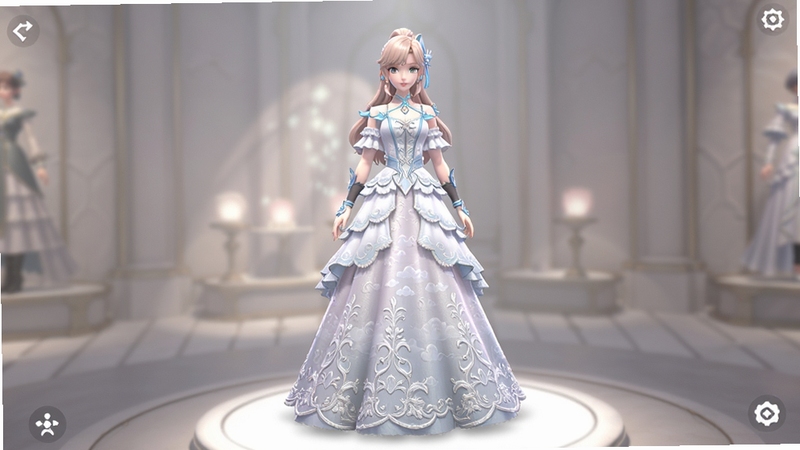 闪耀暖暖3D服装展示界面,角色身穿华丽云端风长裙,裙摆有精细刺绣纹理,背景为柔和光影的展示厅,整体画面明亮通透