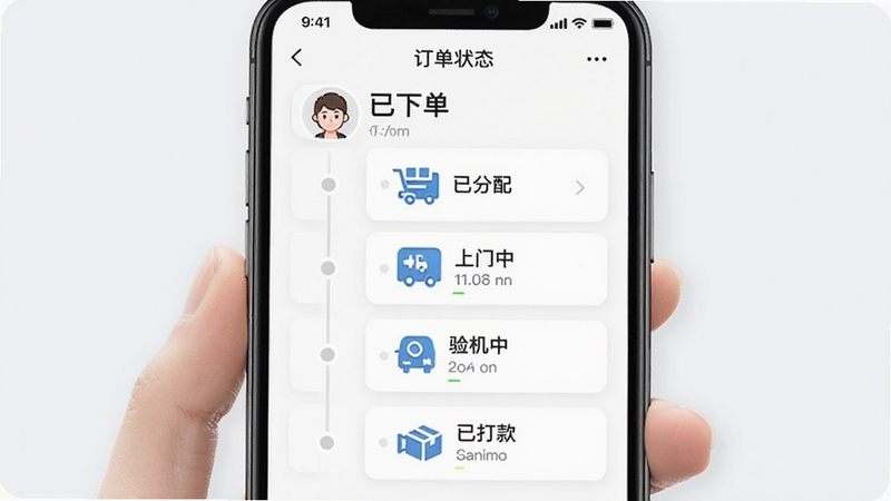 ���綩��׷�ٽ���չʾ���ֻ���Ļ��ʾ����״̬ʱ���ᣬ�������µ����ѷ��䡢�����С�����С��Ѵ��Ƚڵ㣬ÿ���ڵ�����ͼ������ʱ�䣬����Ϊ�ɾ��İ�ɫ��Ƭʽ��ƣ��������