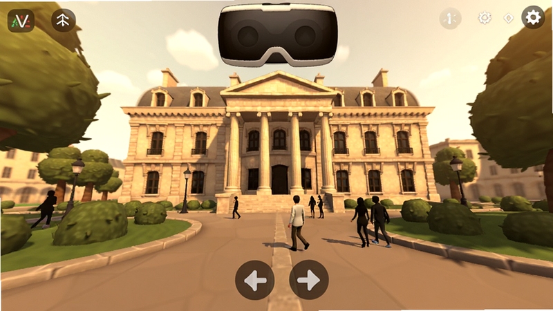 VR���羰��VRģʽ�µ�3D������ͼ���������û��ӽ�����һ���ŵ�ŷʽ��������Χ����ֲ�����˼�Ӱ��������ʾVRģʽ״̬�����ײ����ӽǿ��ư�ť������ɫ����ů����������Booguģ������