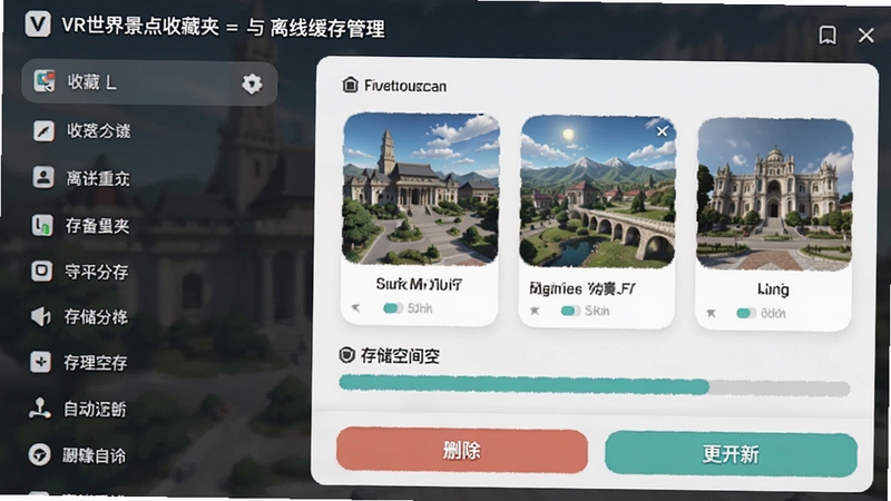 VR���羰���ղؼ������߻���������棬�������Ϊ�ղط����б����Ҳ�Ϊ�ѻ��澰�㿨Ƭ��洢�ռ���������ײ���ɾ������°�ť�����������¼�Լ������Booguģ������