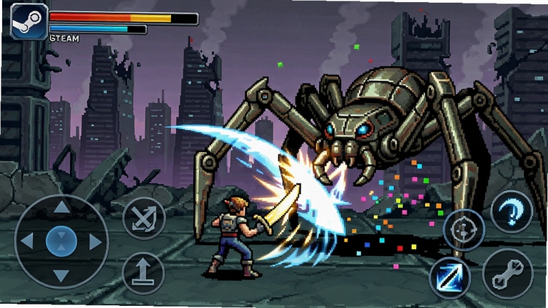 ��ʹ(steam��ֲ)��Ϸ��ͼ��չʾ������16λʱ��������ͻ�е֩��Boss��ս�ĳ��棬���������ſ��ն����Ч�ͷɽ����������ӣ����½�������ҡ�˺ͼ��ܰ�ť�������Ǳ�����δ�����з���