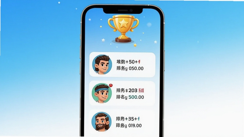 健身冲刺好友排行榜界面,手机屏幕显示多位卡通头像和运动步数排名,顶部有奖杯图标,背景为清爽的蓝白渐变
