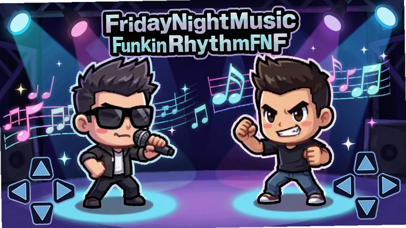 一幅展示FridayNightMusicFunkinRhythmFNFGame游戏主界面的插画,画面中央是两位卡通角色在舞台上进行音乐对决,左侧角色手持麦克风,右侧角色摆出挑战姿势,背景是闪烁的霓虹灯舞台和跳动的音符符号,画面四角分布着方向箭头图标,整体色调以紫色和蓝色为主,充满动感与活力,适配Boogu模型生成