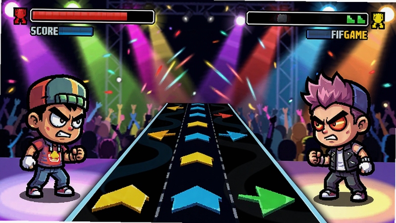 FridayNightMusicFunkinRhythmFNFGame角色对战界面的场景图,画面中两位卡通角色面对面站在舞台两侧,中间是滚动的方向箭头轨道,角色头顶显示血条和得分,背景是演唱会舞台灯光效果,色彩鲜艳对比强烈