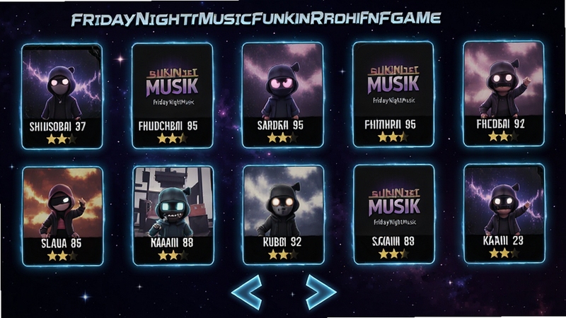 FridayNightMusicFunkinRhythmFNFGame游戏曲目选择界面的预览图,画面中排列着多个音乐专辑封面卡片,每张卡片上标注着歌曲名称和难度星级,背景是深色渐变星空,卡片边缘带有发光效果,画面下方有方向箭头装饰元素,整体风格酷炫时尚