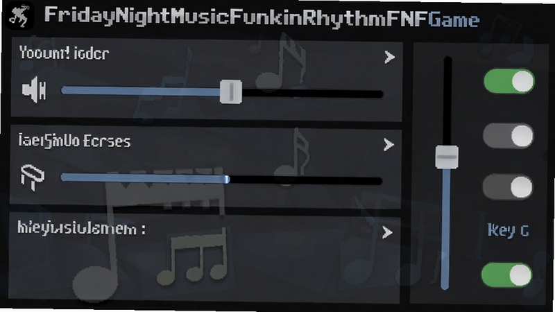 FridayNightMusicFunkinRhythmFNFGame游戏设置界面截图,画面展示音量调节、偏移量校准、按键大小调整等选项,界面采用深色主题,选项排列整齐,右侧有滑动条和开关按钮,整体设计简洁直观