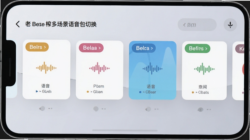 老贝榨多场景语音包切换界面图,画面展示手机屏幕内多个语音包分类卡片横向排列,卡片带有不同颜色标签与波形图标,背景为柔和浅灰渐变,突出分类清晰与操作直观