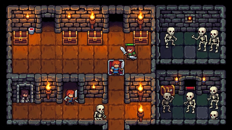 Dungeon Architect Rogue RPG pixel dungeon architect building traps and rooms with heroes invading, retro pixel art style, top-down view, warm torch lighting, stone brick walls, treasure chests, skeleton enemies, vibrant colors, game screenshot composition