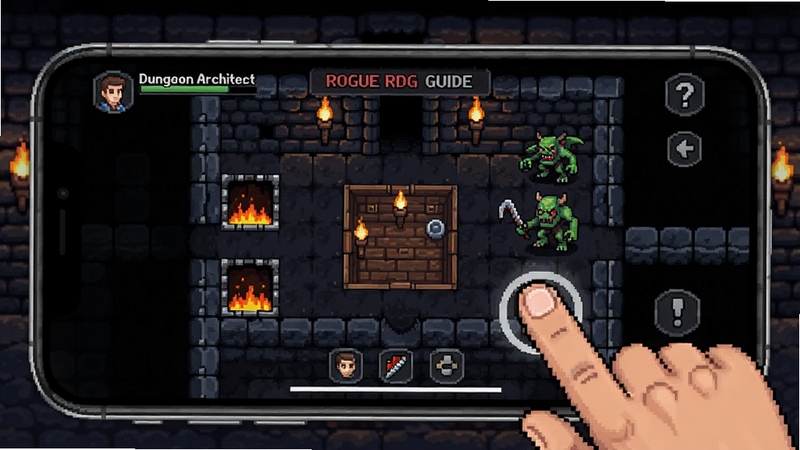 Dungeon Architect Rogue RPG mobile gameplay guide, smartphone showing dungeon architect building interface, traps and monsters on screen, finger tapping to place a room, dark dungeon background with glowing torches, pixel art style, clean UI elements, helpful tutorial atmosphere