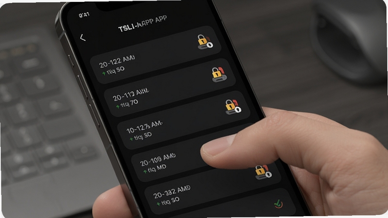 TSLԿ��APP�Ŀ�����¼�б�ҳ�棬�ֻ���Ļ��ʾ��ʱ�����еĿ����¼���Ŀ��ÿ������ʱ����Ϳ�����ʽͼ�꣬����Ϊ��ɫģʽ���棬��Ļ����һֻ�����ڻ�������б��������Χ����רҵ������дʵUI���ǿ����Ϣ�����ɶ�