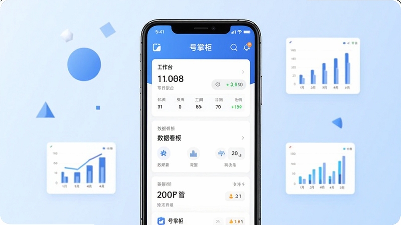 画面中央放置一部智能手机,屏幕上清晰展示号掌柜应用的主界面,界面包含工作台与数据看板等模块,背景为简约的浅蓝色渐变商务风格,周围点缀少量几何图形与数据图表元素,整体画面明亮干净,突出移动端应用的使用场景。