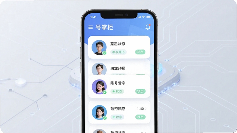 号掌柜应用界面中展示多账号管理列表,每个账号卡片显示头像与状态标签,背景为柔和的浅灰色科技风格,画面中央突出手机屏幕与账号卡片,整体色调清爽,体现高效管理的产品理念。