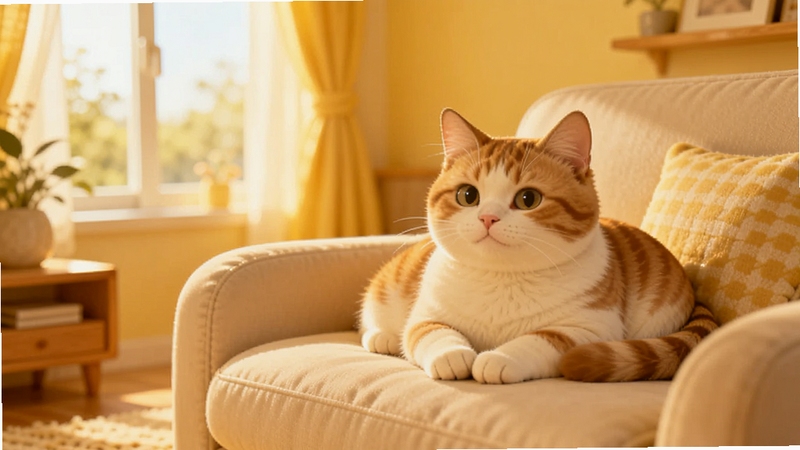温馨猫咪 软件主界面 一只橘白相间的猫咪趴在柔软沙发上 背景是暖黄色调的温馨房间 窗外透进柔和阳光 画面整体治愈温暖 适合作为软件全貌展示图