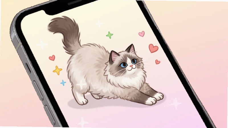 温馨猫咪 一只布偶猫在手机屏幕里伸懒腰 周围有爱心和星星特效 背景是柔和的粉色渐变 画面温馨可爱 突出互动反馈效果