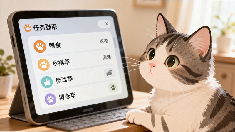 温馨猫咪 任务列表面板 显示喂食 抚摸 清洁等日常任务 旁边有一只猫咪期待地看着屏幕 画面清新明亮 突出轻松养成氛围