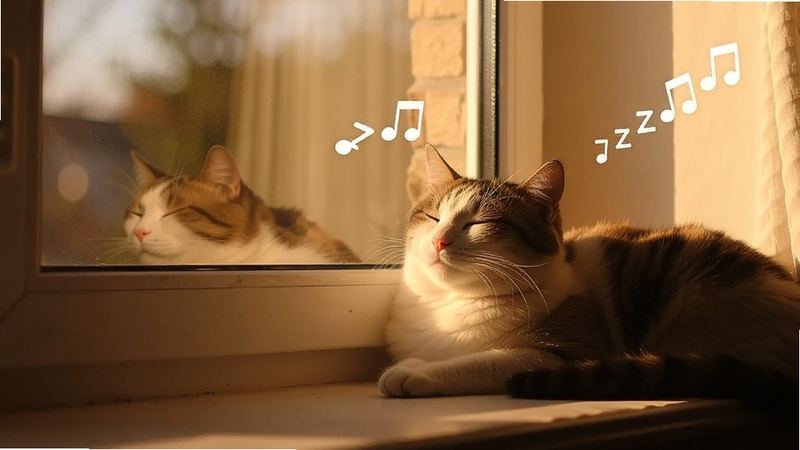 温馨猫咪 猫咪在窗边晒太阳打呼噜 画面中有音符和Zzz符号 背景是温暖的午后光影 整体氛围安静治愈