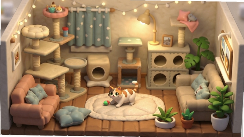 温馨猫咪 游戏内房间布置界面 各式各样的猫爬架 软垫 小沙发 绿植 暖色灯光 一只猫咪在房间中央玩耍 画面精致温馨