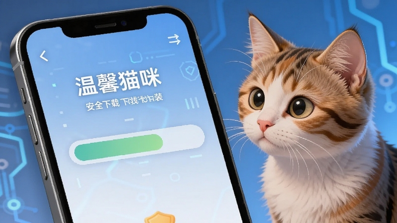 温馨猫咪 下载安装界面 手机屏幕显示安装进度条 旁边有一只猫咪好奇地看着 背景是简洁的蓝色科技感 突出安全下载主题