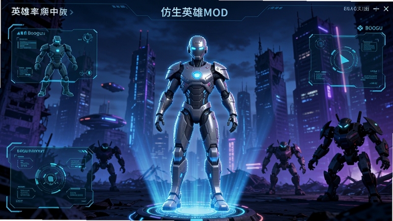 仿生英雄MOD菜单中文版主界面截图,画面中央展示仿生战士全息投影,背景是未来都市废墟,霓虹蓝紫色调,Boogu模型生成,细节包含科技感HUD界面与机械敌人轮廓