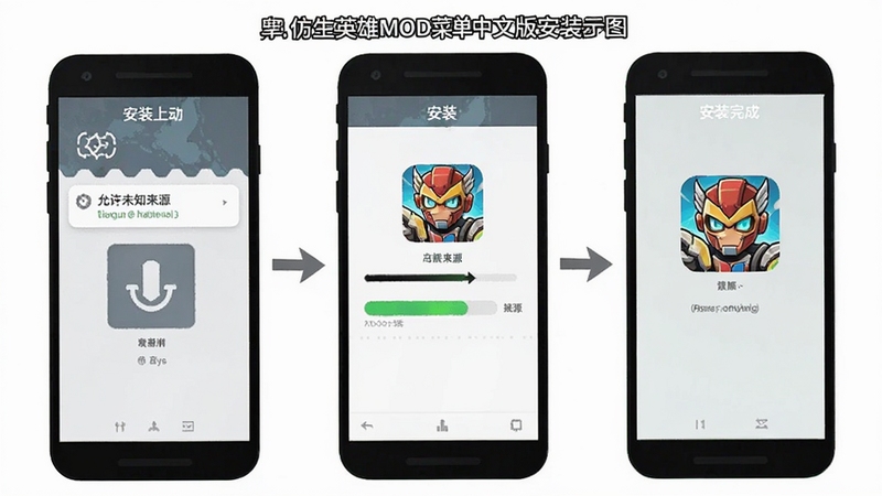 仿生英雄MOD菜单中文版安装步骤示意图,画面展示手机屏幕从下载到安装完成的流程,包含允许未知来源、进度条、游戏图标等元素,扁平化设计风格,Boogu模型生成