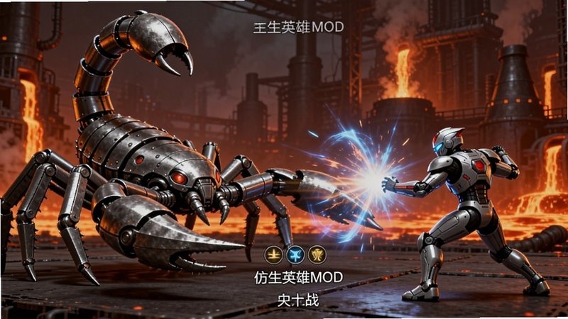 仿生英雄MOD菜单中文版BOSS战场景,画面展示巨型机械蝎子与仿生战士对峙,背景是熔岩工厂,技能特效华丽,Boogu模型生成,强调战斗张力与金属质感