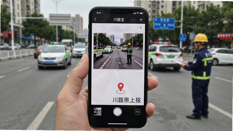 川路宝应用拍照上报界面展示,手机屏幕中显示现场照片与定位水印,背景为城市道路巡查场景,写实风格,细节清晰