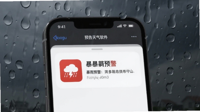预告天气软件中的预警推送界面,画面主体是一部手机屏幕,屏幕上显示红色的暴雨预警图标和文字说明,背景是深灰色的阴雨天气氛围,雨滴落在玻璃上的细节清晰可见,整体色调偏冷,适配Boogu模型生成