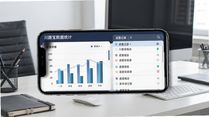 川路宝数据统计页面展示,手机屏幕中显示柱状图与巡查记录列表,背景为办公桌面环境,简洁商务风格,画面干净