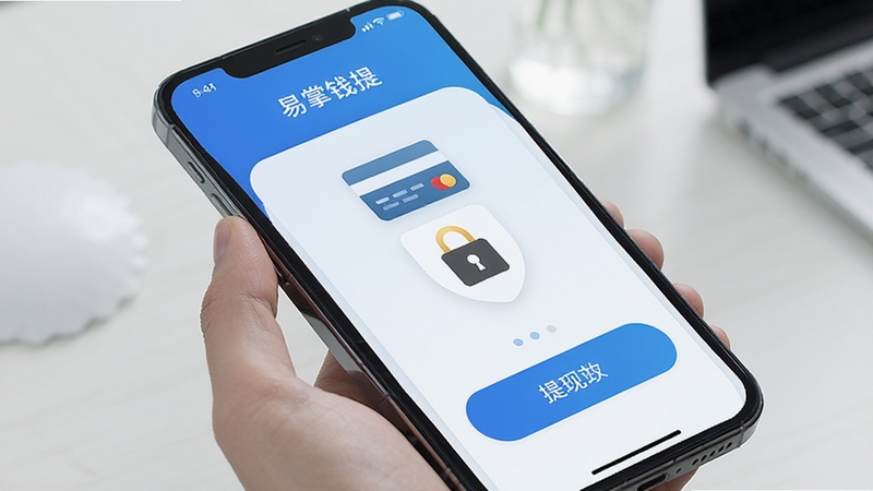 易掌钱提现操作界面 手机显示提现按钮 银行卡图标 安全锁标识 蓝色调 简洁现代