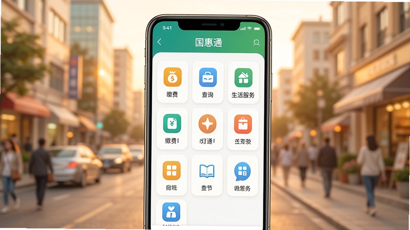 国惠通应用主界面全貌展示,画面中央为手机屏幕呈现清晰的国惠通APP首页布局,包含缴费、查询、生活服务等图标排列整齐,背景为柔和的城市生活场景虚化处理,整体色调温暖明亮,凸显便民服务主题