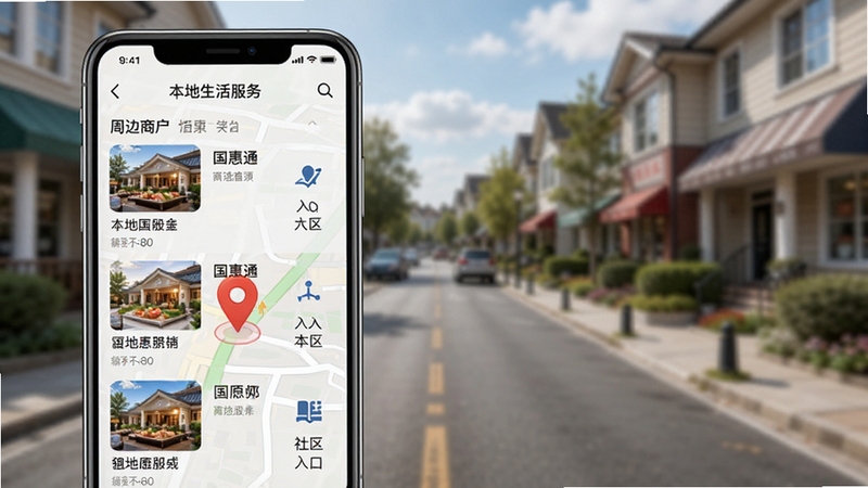 国惠通本地生活服务板块展示,手机屏幕呈现周边商户列表和社区服务入口,地图定位图标醒目,背景为社区街道场景虚化,体现本地化便民服务特色