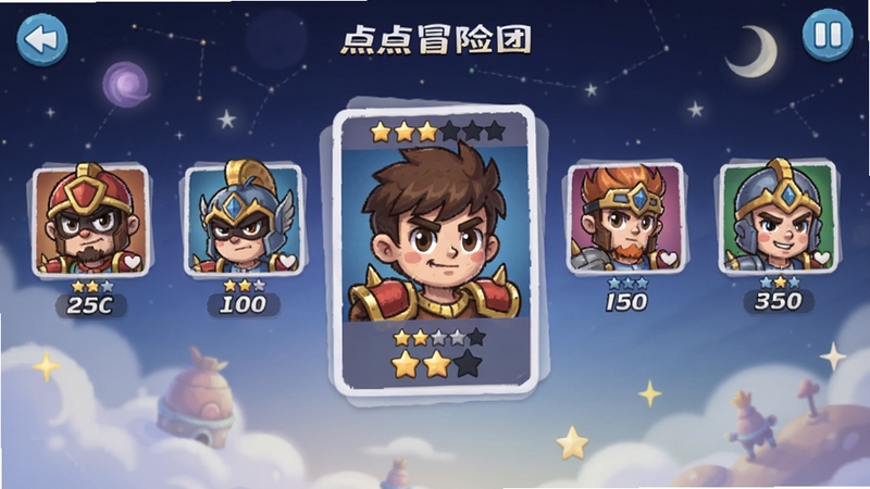 点点冒险团 角色收集界面 多位卡通英雄头像排列 星级与等级标识 柔和背景 手机游戏UI风格 画面中央为角色卡片 背景为星空