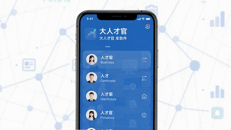 大人才官 软件主界面 手机屏幕展示 人才管理列表 蓝色商务风格 简洁现代 UI 设计 居中构图 白色背景 高清渲染