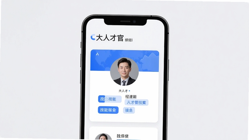 大人才官 人才档案管理界面 手机屏幕 卡片式布局 人物头像 技能标签 蓝色高亮 简洁商务风格 居中构图 浅灰背景