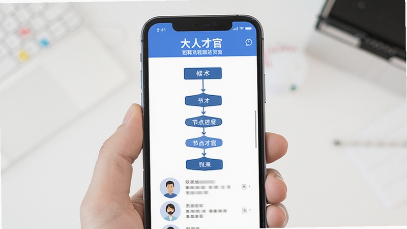 大人才官 招聘流程跟进页面 手机屏幕 流程图 节点进度 候选人列表 蓝色主题 扁平化设计 居中构图 白色背景