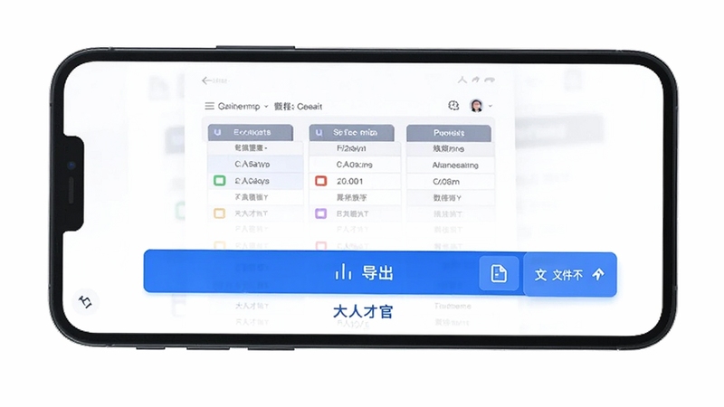 大人才官 数据导出功能界面 手机屏幕 表格预览 导出按钮 文件格式选项 蓝色图标 简洁风格 居中构图 白色背景