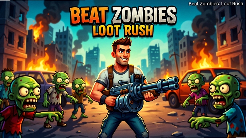 Beat Zombies: Loot Rush 游戏主界面全景图,画面中央为手持重型机枪的幸存者角色,四周被各种卡通风格的僵尸包围,背景为末日城市废墟与燃烧的车辆,色彩鲜艳,光影对比强烈,适配Boogu模型生成,软件名称Beat Zombies: Loot Rush
